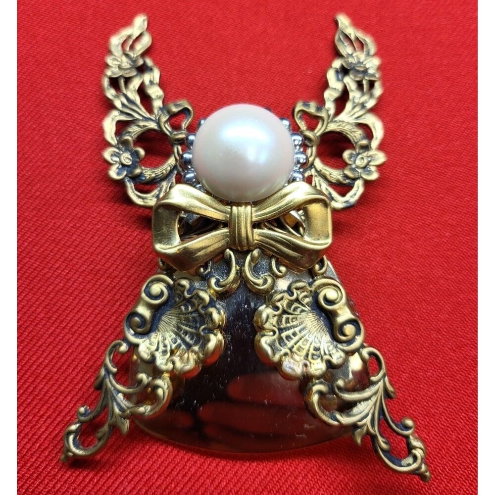 Vintage Signed Jane Faux Pearl Bronze Gold Tone Angel Brooch Pin